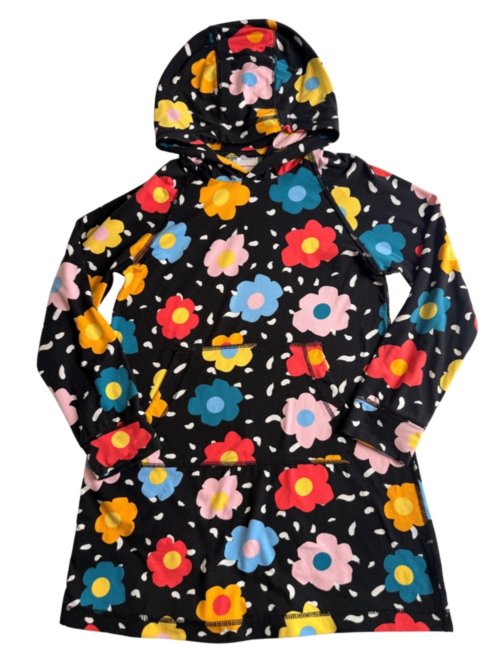 Hanna Andersson Black Hoodie Dress with Bright Floral Print - 6/7 yrs